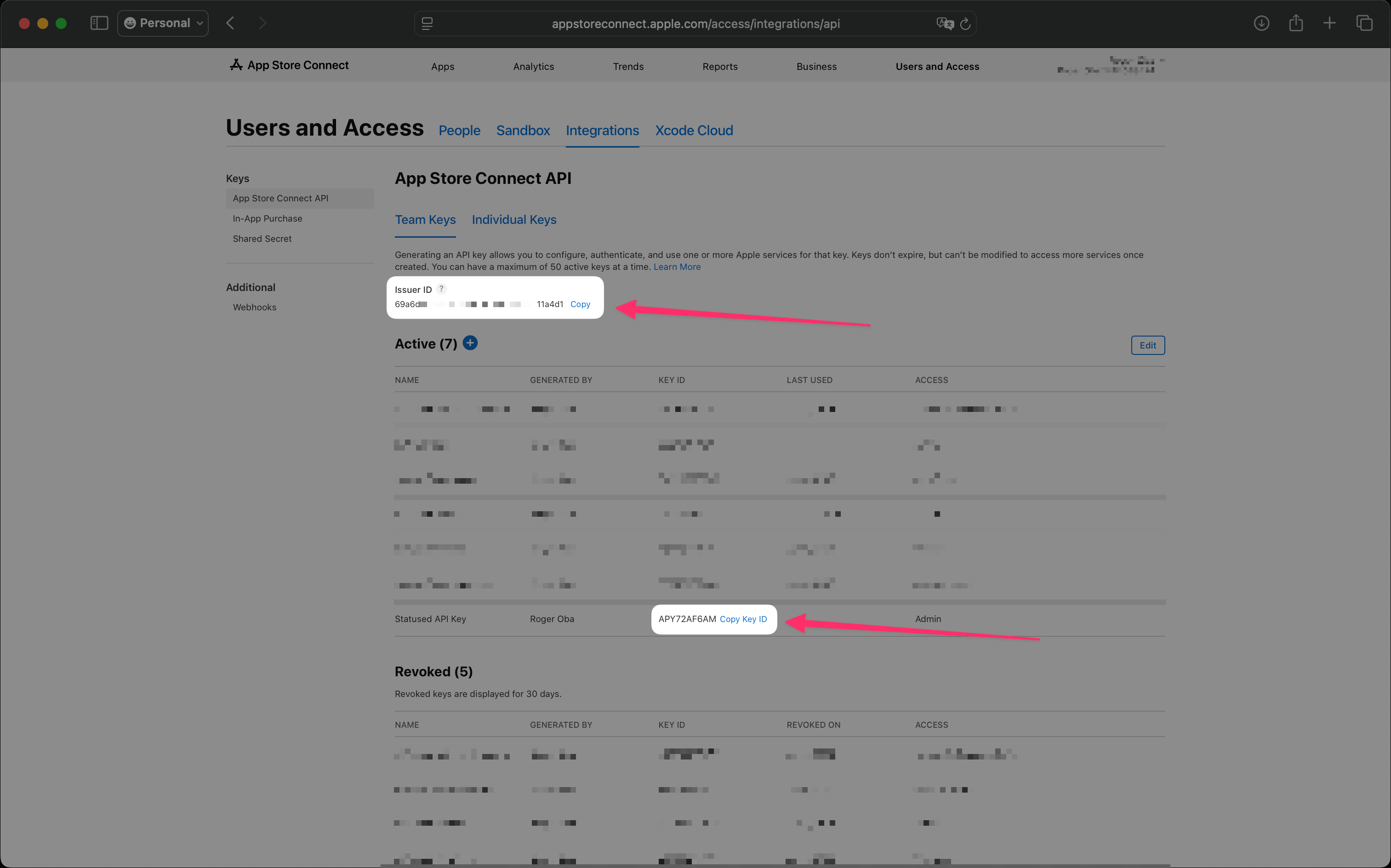 Copying Key ID and Issuer ID from App Store Connect page