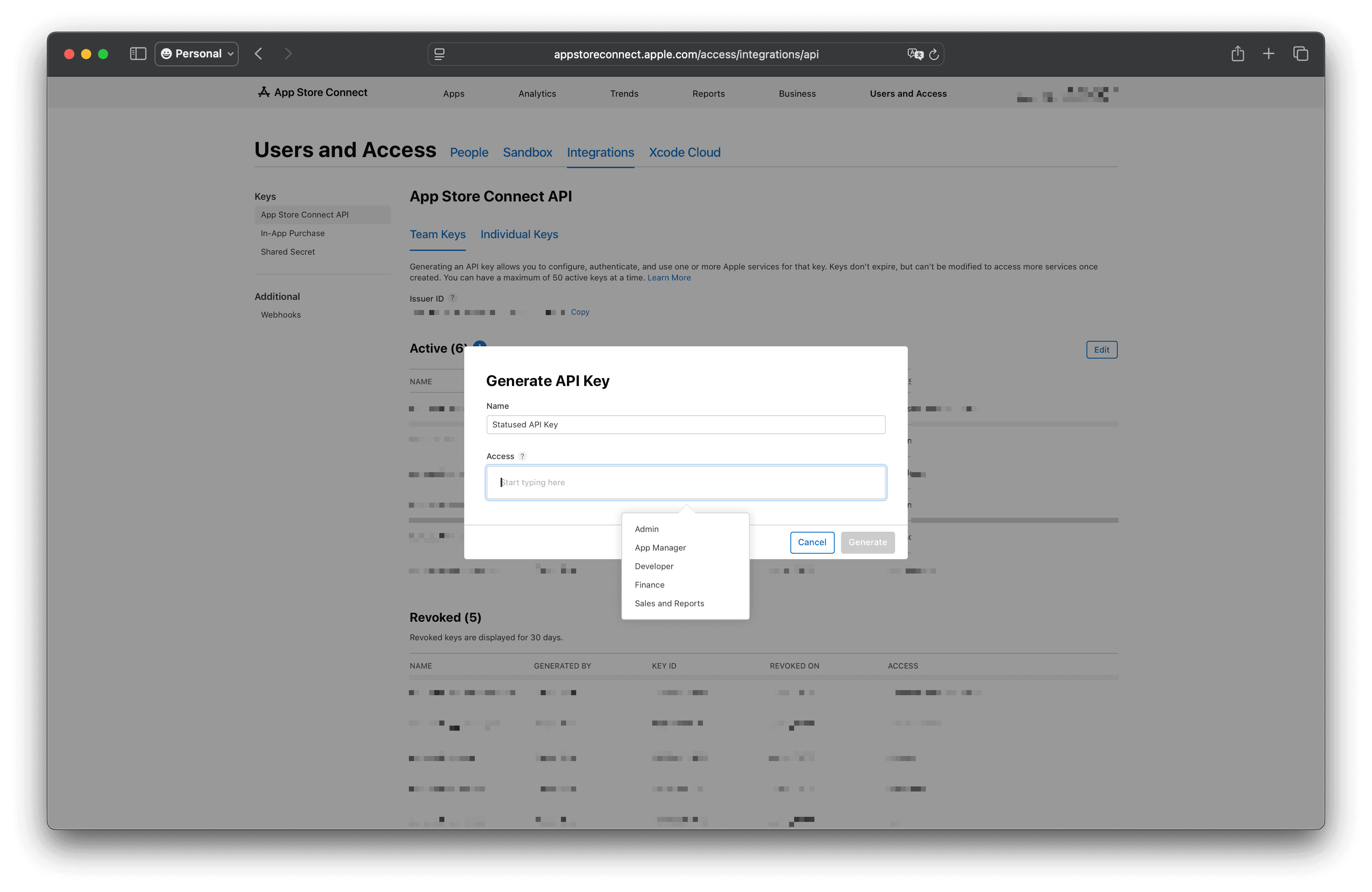 Generating an API Key in App Store Connect