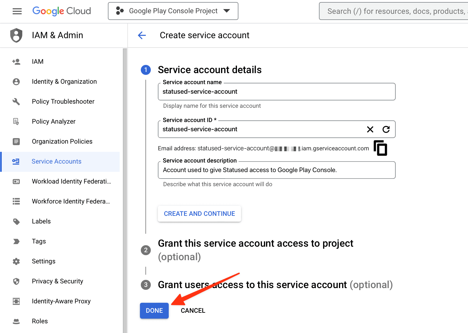 Creating a service account in Google Cloud Console