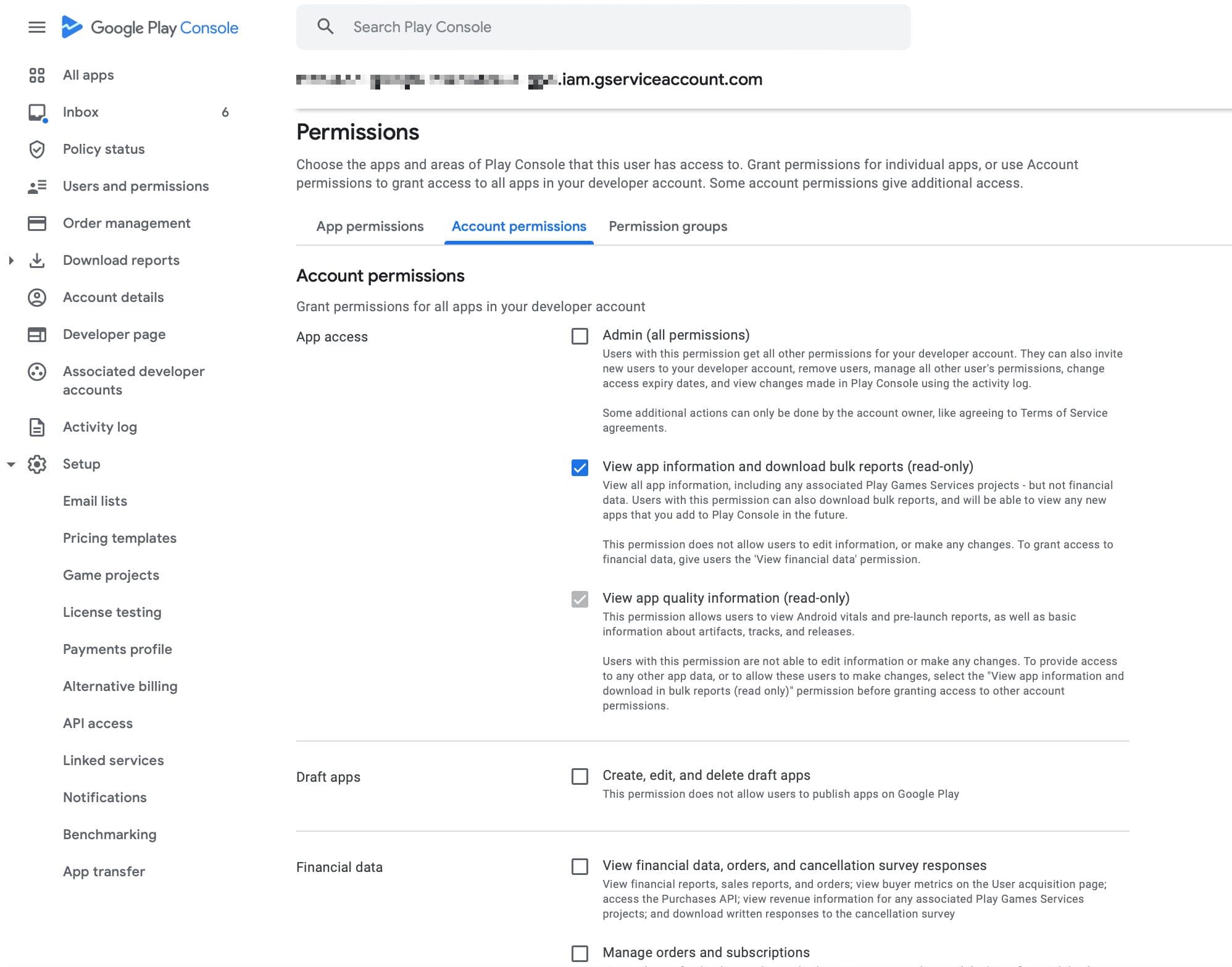 Setting permissions for Statused in Google Play Console