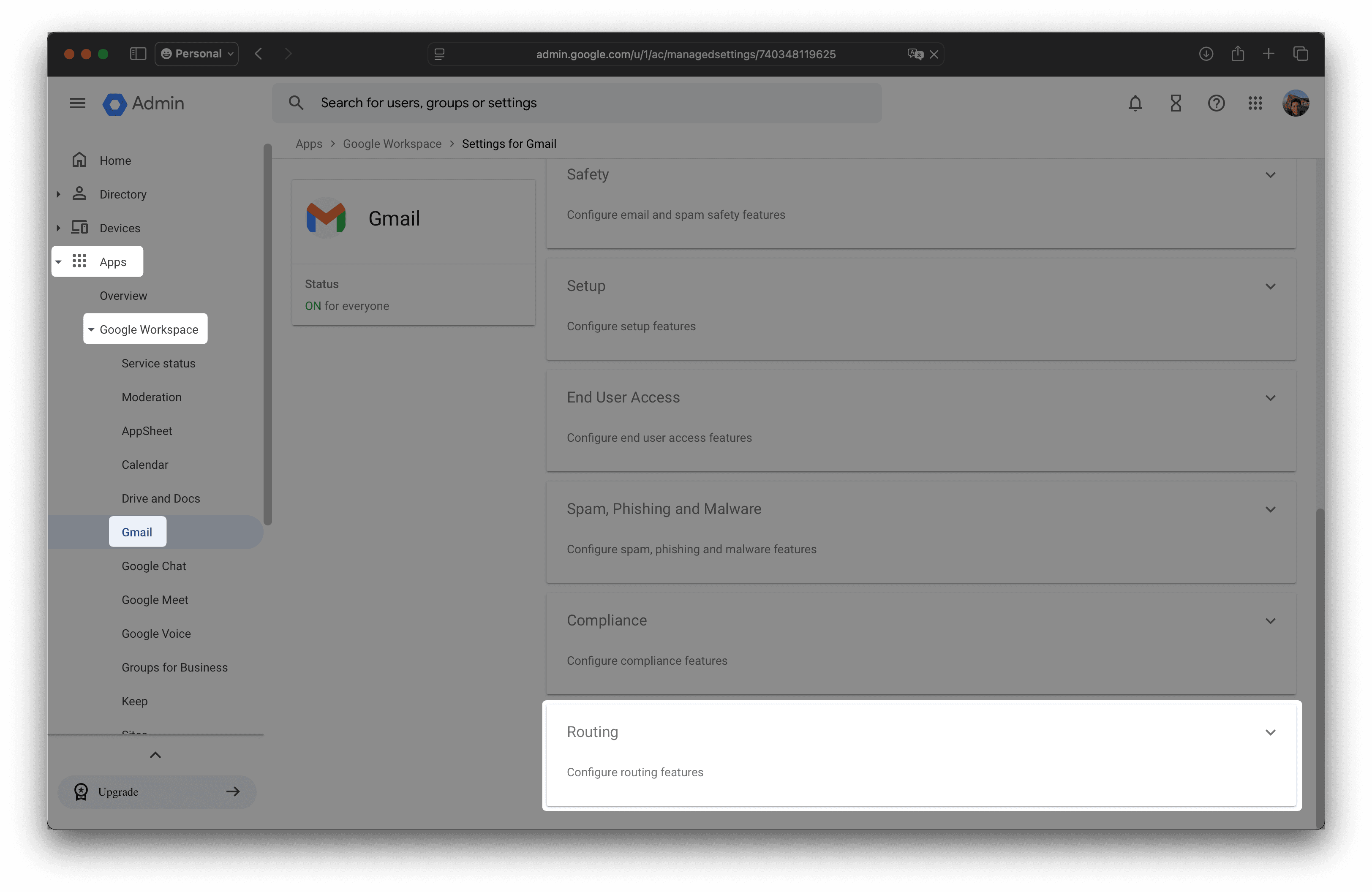 Google Admin console navigation showing Apps > Google Workspace > Gmail path