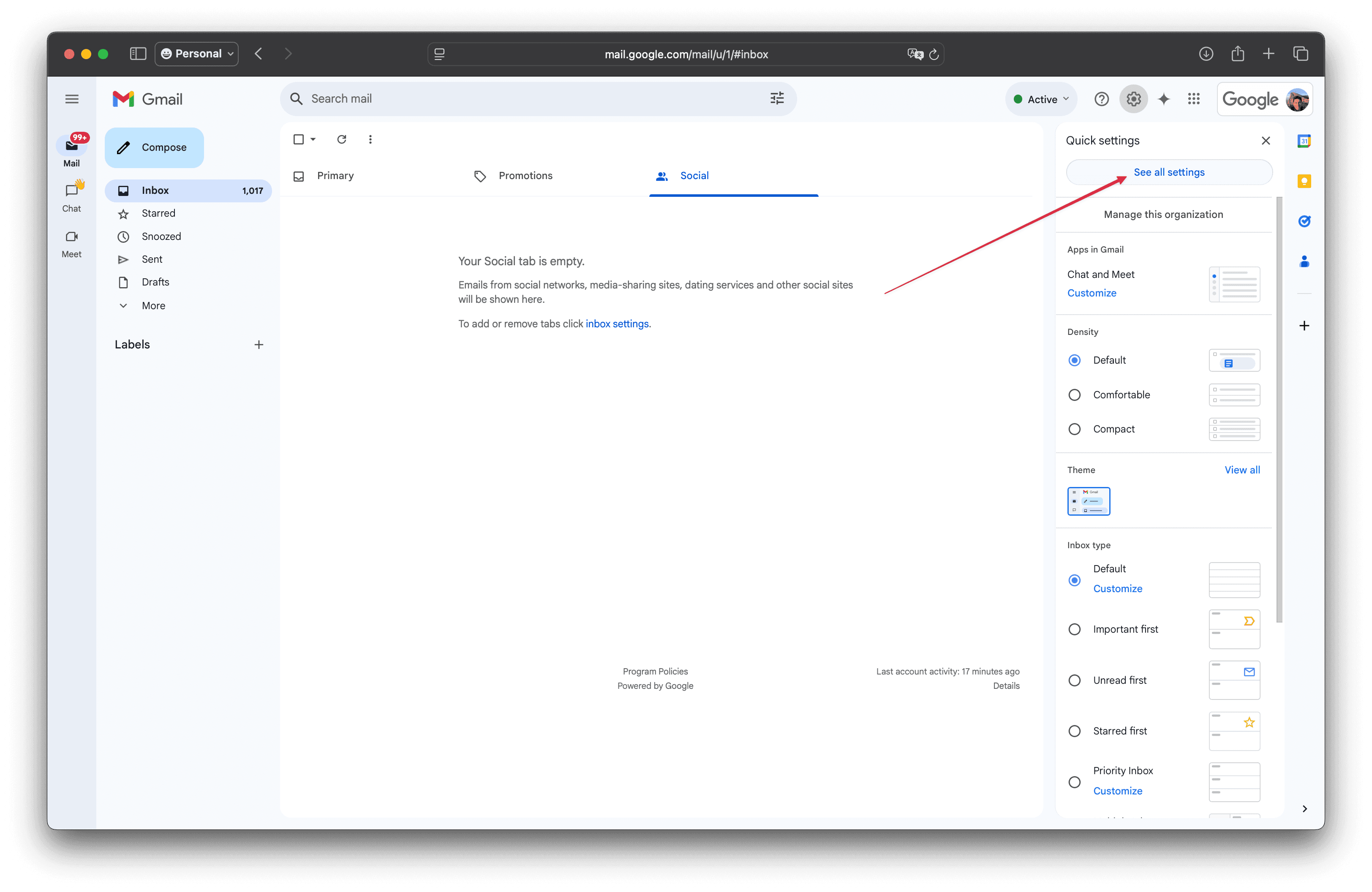 Gmail settings menu showing the gear icon and "See all settings" option