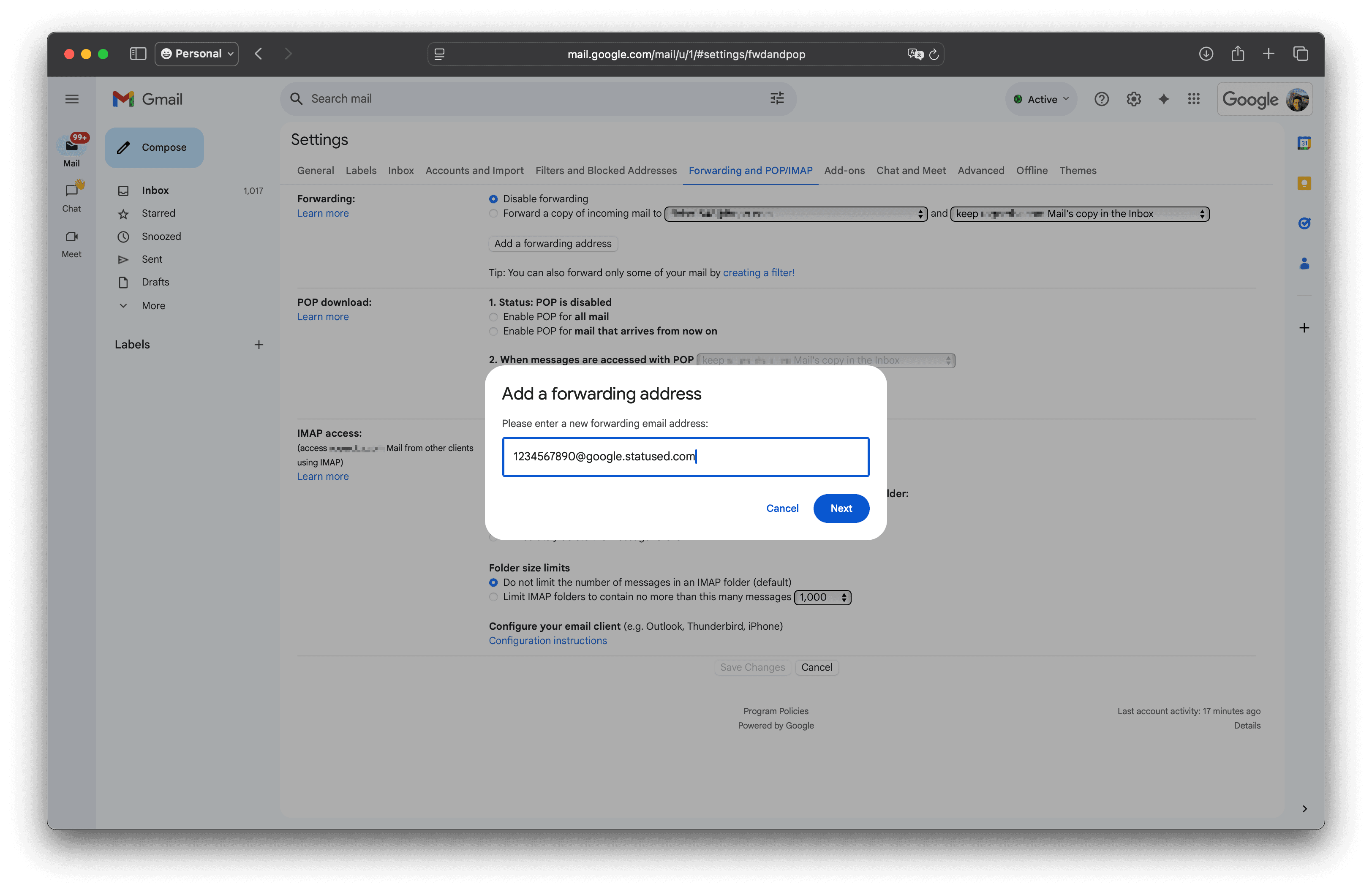 Dialog box for entering the forwarding email address