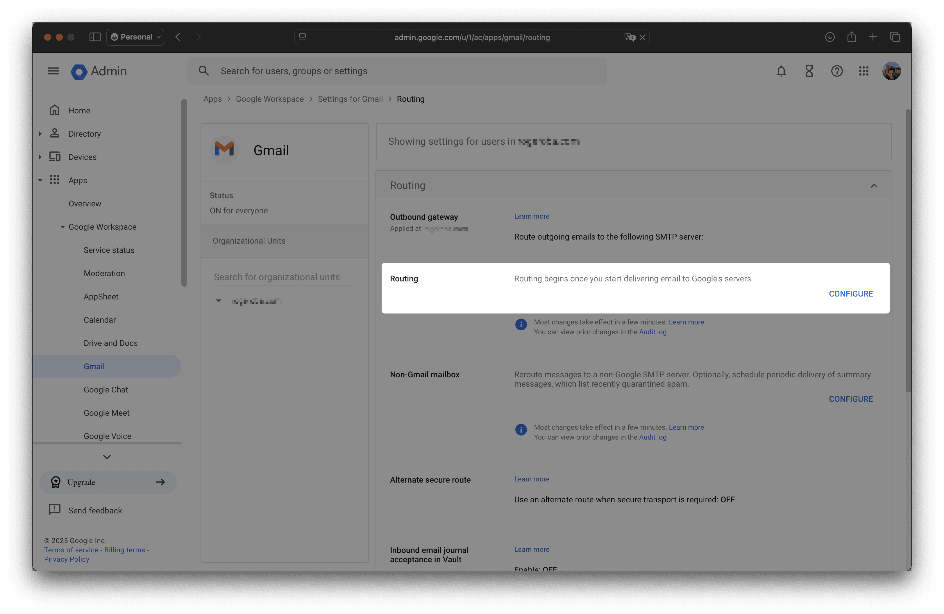 Gmail admin settings page highlighting the Routing section and Configure button