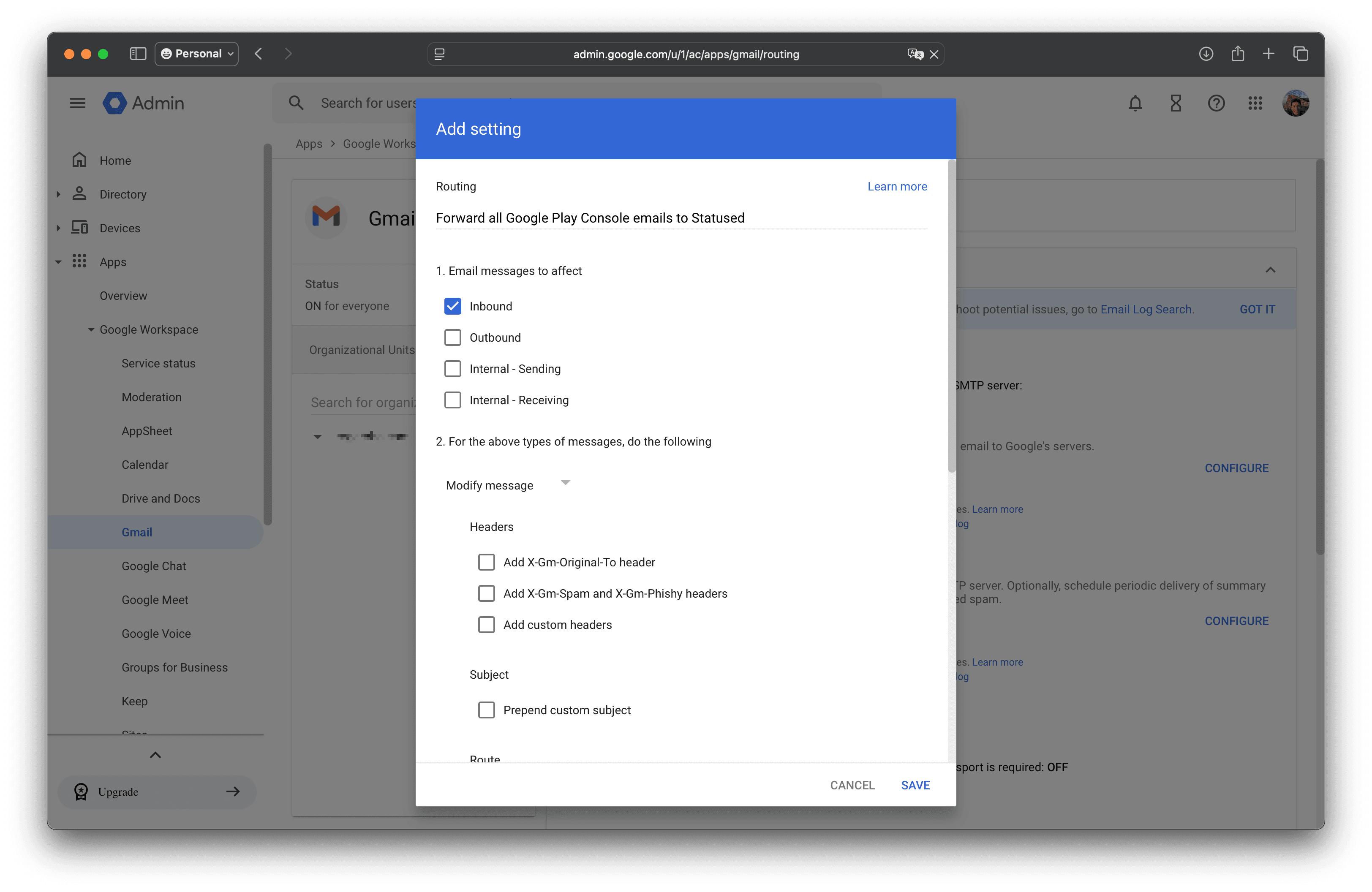 Routing rule configuration dialog with name field and Inbound option selected