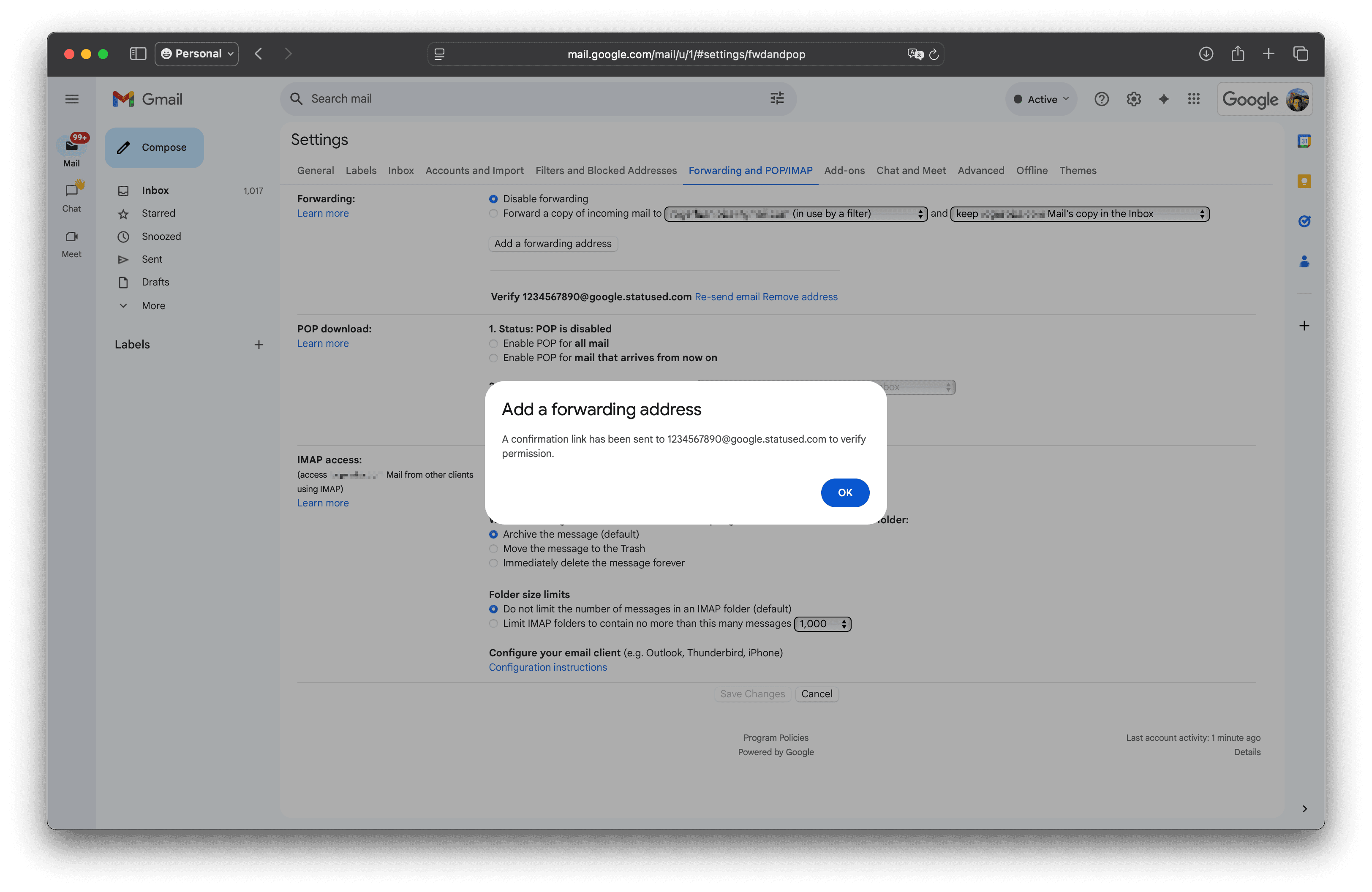 Gmail confirmation screen showing pending verification status