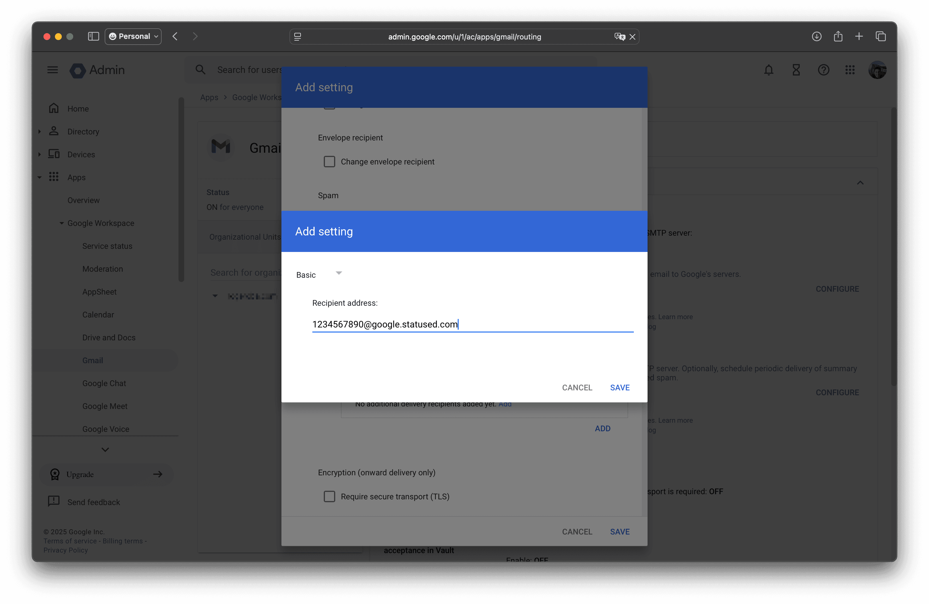 Routing rule showing the "Also deliver to" section with recipient address field