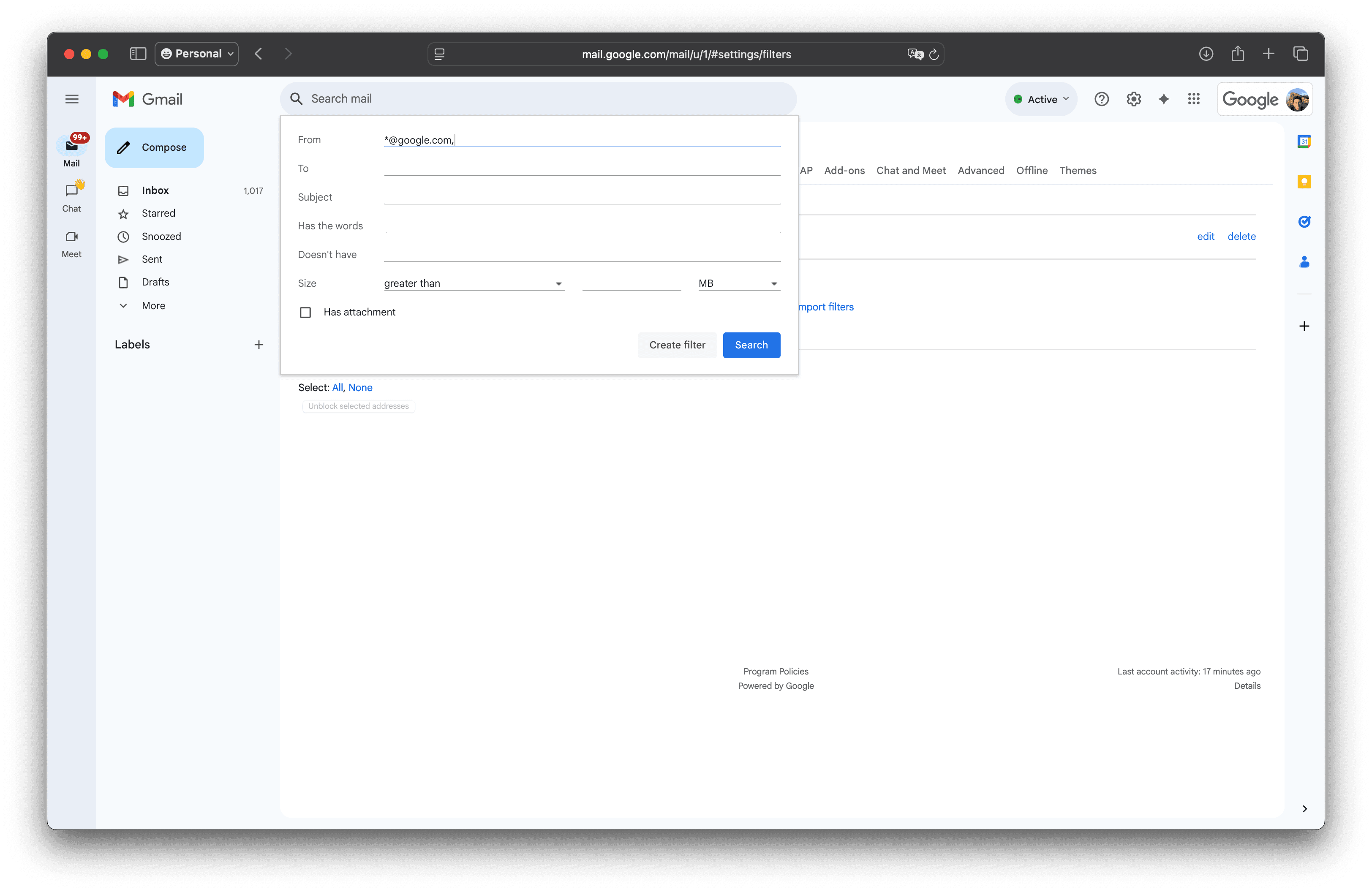 Gmail advanced search dialog with "*@google.com" entered in the From field