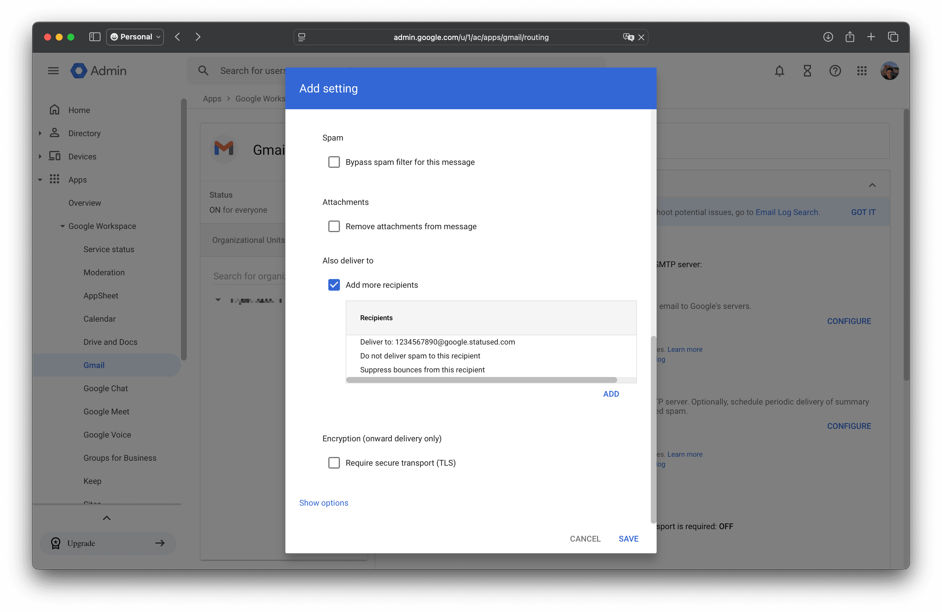 Routing rule interface showing Save button and Show options link
