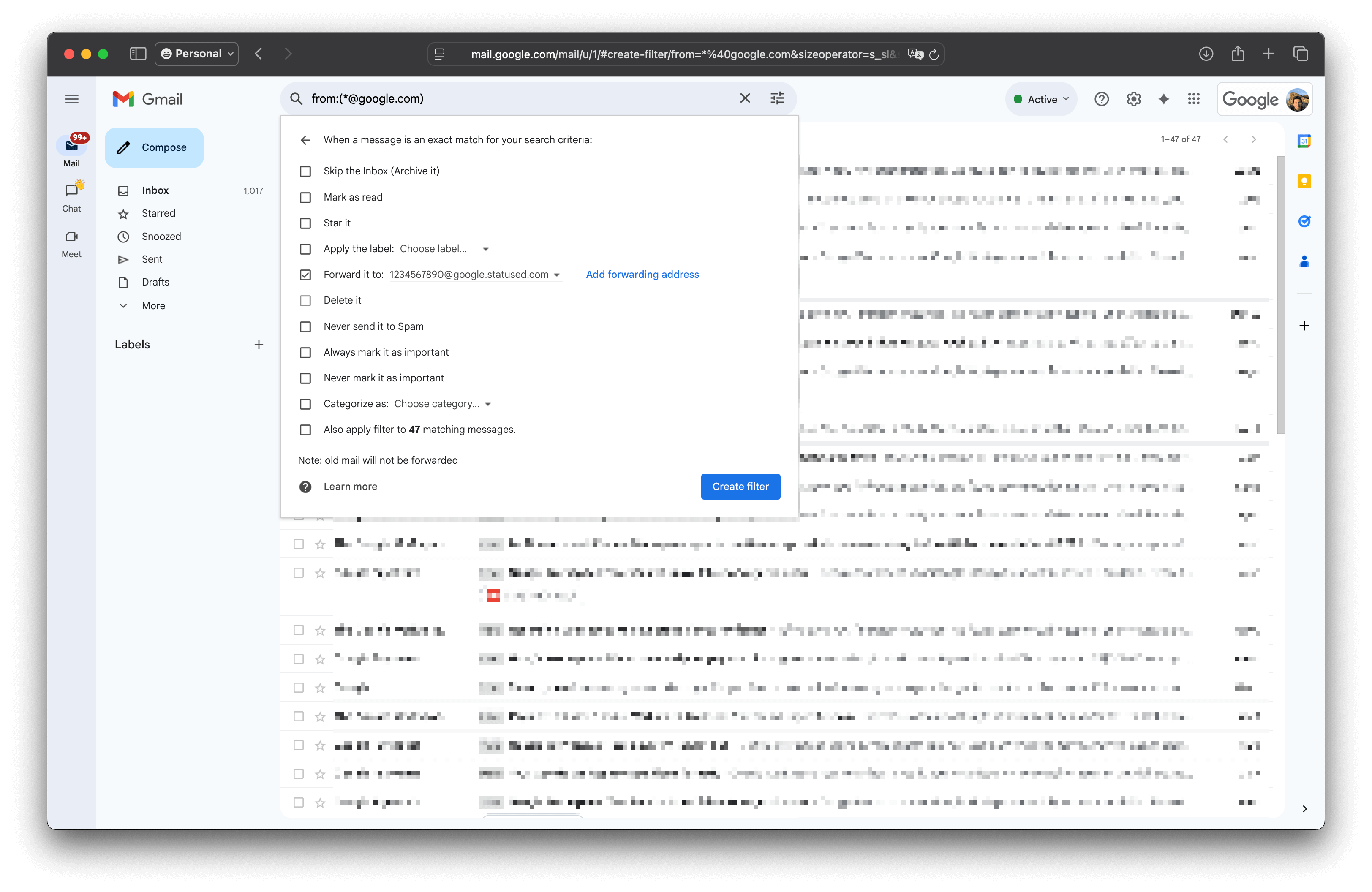 Gmail filter creation screen with "Forward it to" option selected and forwarding address chosen