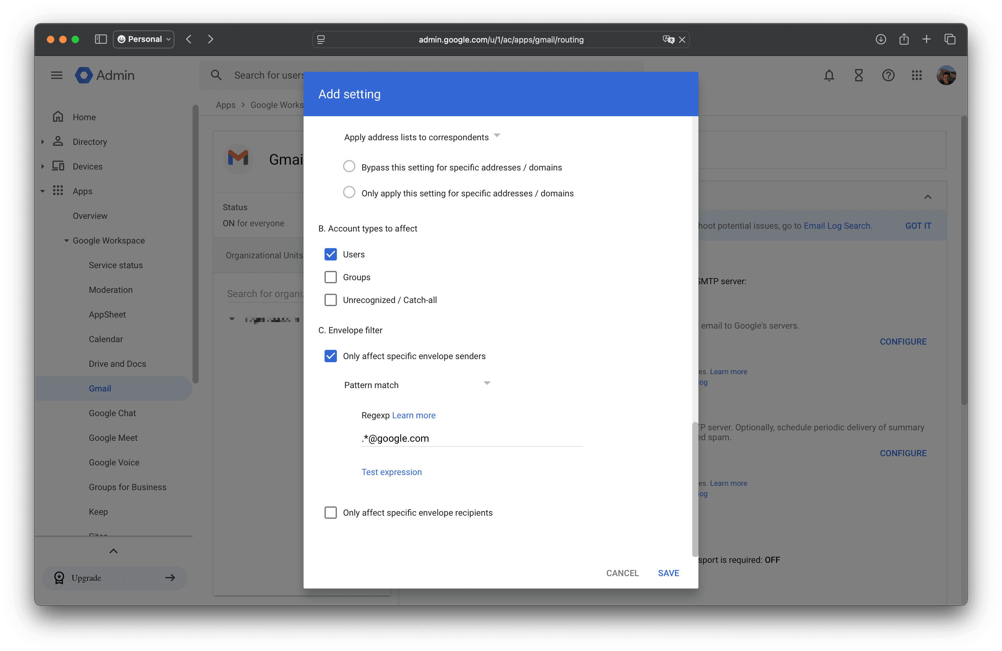 Advanced routing options showing account types and envelope filter configuration