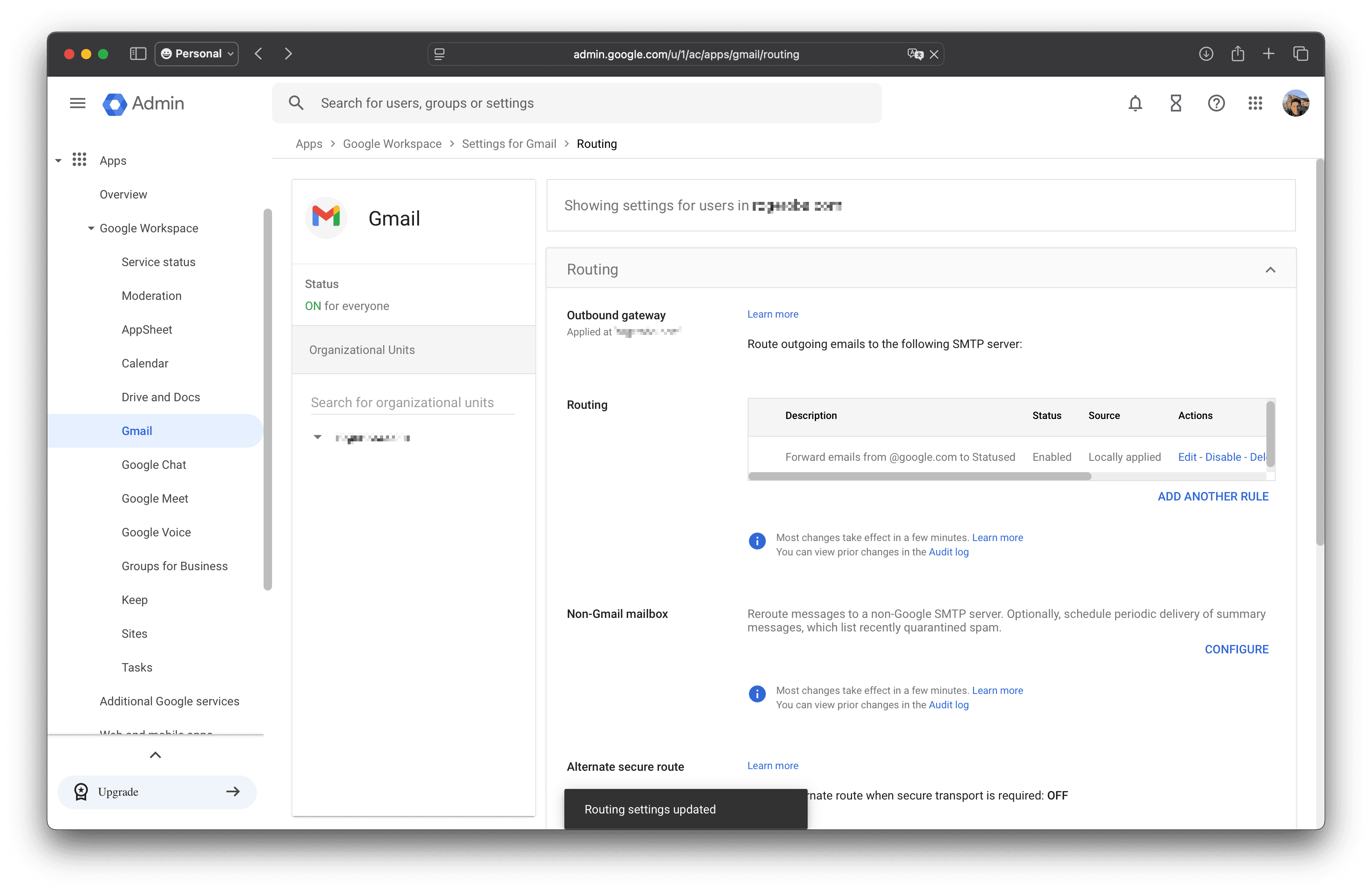Confirmation screen showing the successfully created routing rule