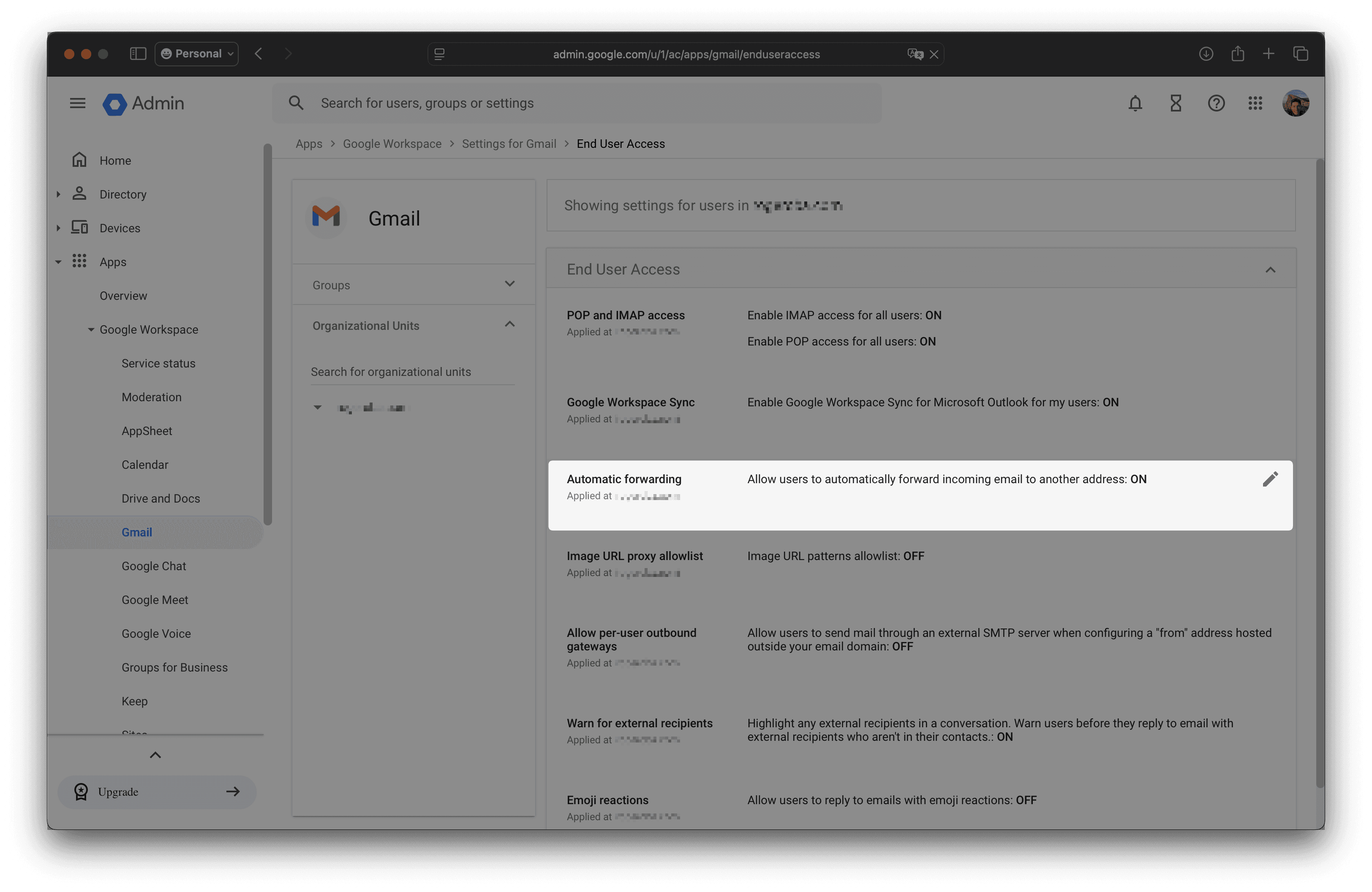 Google Workspace admin console showing Gmail End User Access settings with Automatic Forwarding controls